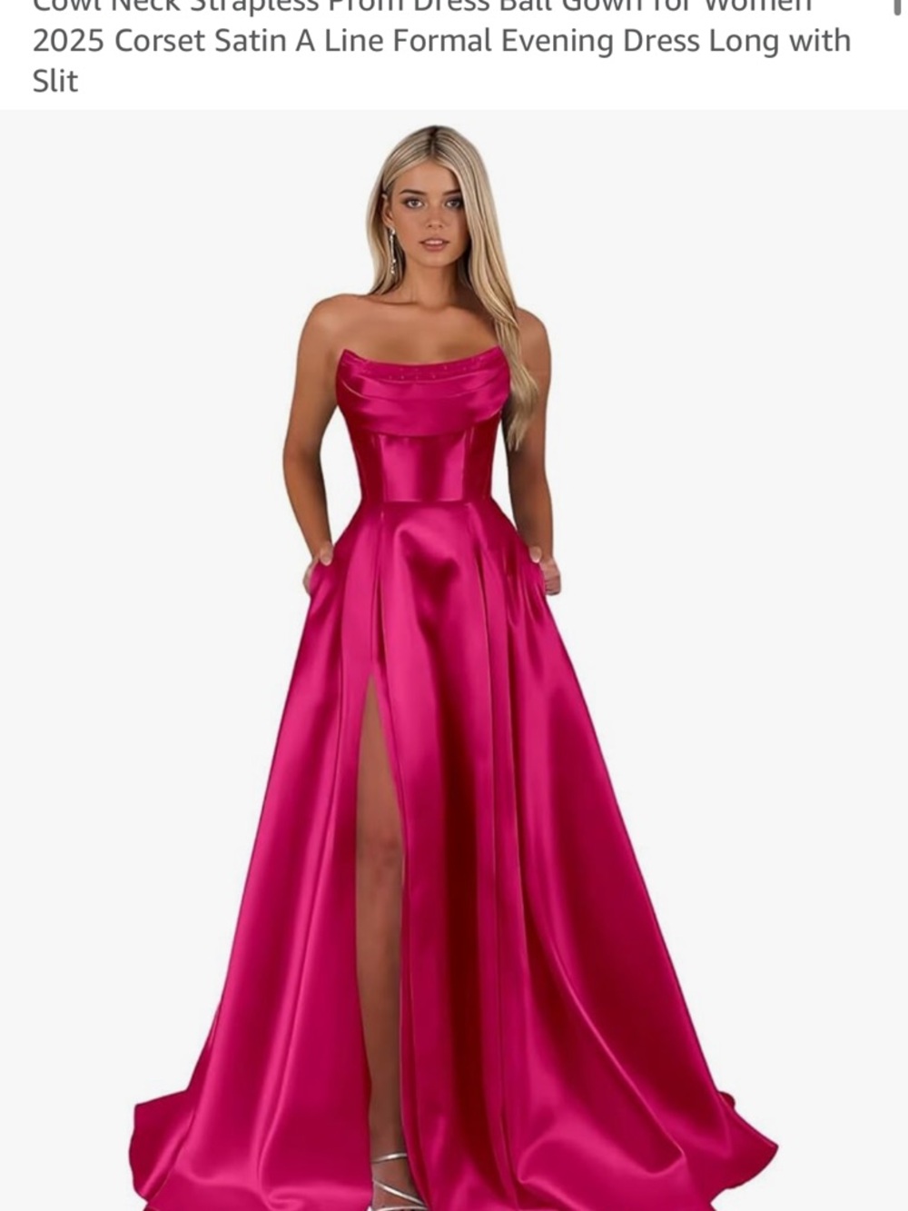 Strapless Satin Ball Gown in Fuchsia with High Slit